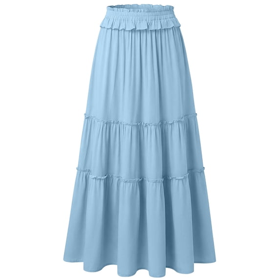 SZJXBUY Women Skirt Maxi Winter Summer High Waist Pleated Ruffle Long Skirts Flowy Beach Boho Skirt Dress Light Blue,S