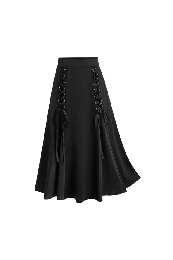 Women Skirts Long Gothic Lace Up Two Tone Godet Hem Midi A Line High Waisted Skirt Vintage Steampunk Medieval Renaissance Pirate Skirts Black,M
