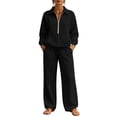 thumbnail image 1 of SZJXBUY Women Sweat Suits 2 Piece Set Plus Size Fall Fashion Loose Fit Lounge Set with Pockets Collared Half Zip Long Sleeve Top Wide Leg Pant Outfits Black,L, 1 of 7