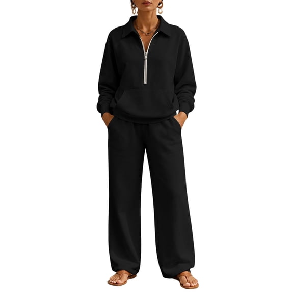 SZJXBUY Women Sweat Suits 2 Piece Set Plus Size Fall Fashion Loose Fit Lounge Set with Pockets Collared Half Zip Long Sleeve Top Wide Leg Pant Outfits Black,L