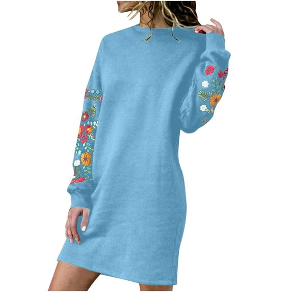 SZJXBUY Women's Casual Floral Embroidery Long Sleeve Knit Mini Dress Fall Winter Crewneck Fleece Pullover Sweater Dress Plus Size 2025 Blue,XL