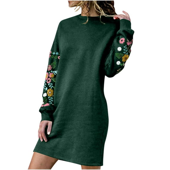 SZJXBUY Women's Casual Floral Embroidery Long Sleeve Knit Mini Dress Fall Winter Crewneck Fleece Pullover Sweater Dress Plus Size 2025 Green,XL
