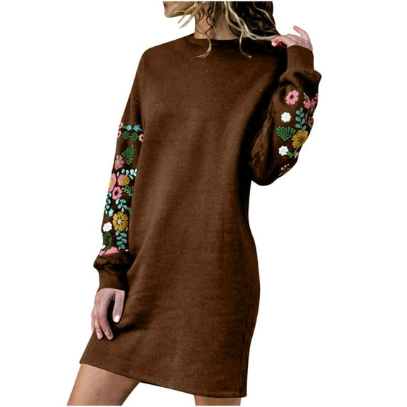 SZJXBUY Women's Fall Flower Embroidered Knit Sweater Dress Winter Casual Cute Stretch Long Sleeve Crew Neck Mini Dresses 2025 Brown,XXL
