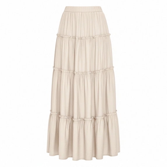 SZJXBUY Women's Flowy Maxi Skirts Early Spring High Waist Pleated Ruffle Long Skirts Flowy Beach Boho Skirt Dress Beige,M