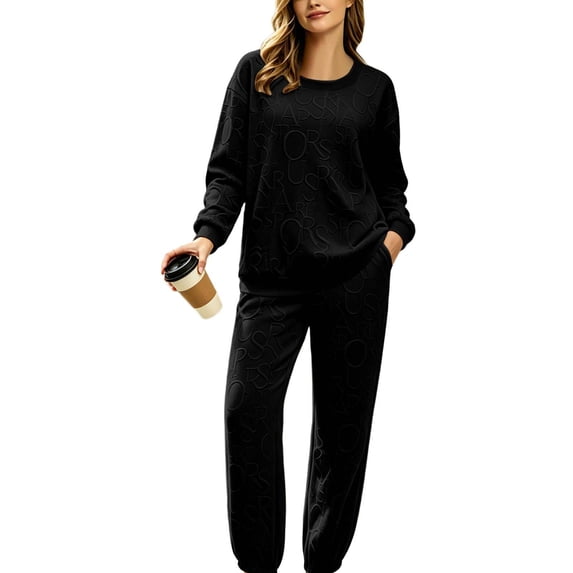 SZJXBUY Women's Sweatsuit Outfits 2 Piece Fall Fashion Letter Print Knitted Matching Lounge Sets Crewneck Topss & Jogger Pants Outfit Black,M