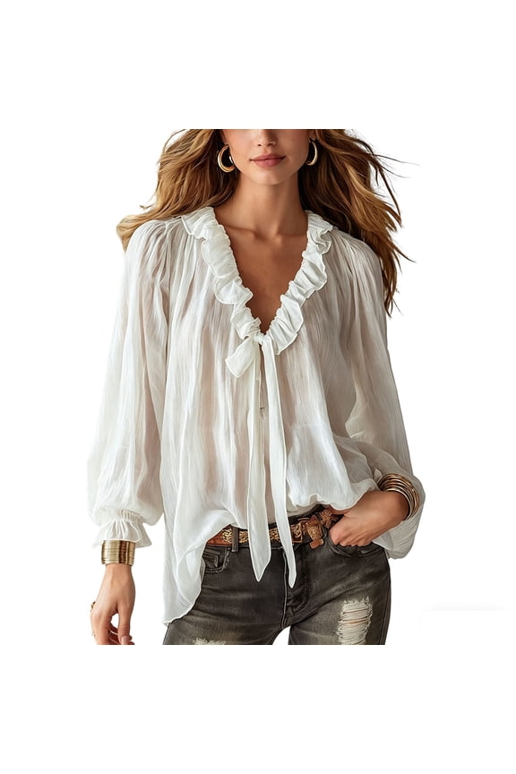 Women's Workout Long Sleeve Tops Flowy Casual Sheer Ruffle Trim Blouse with Self Tie Neck Fashion V Neck Basic Tee White,M
