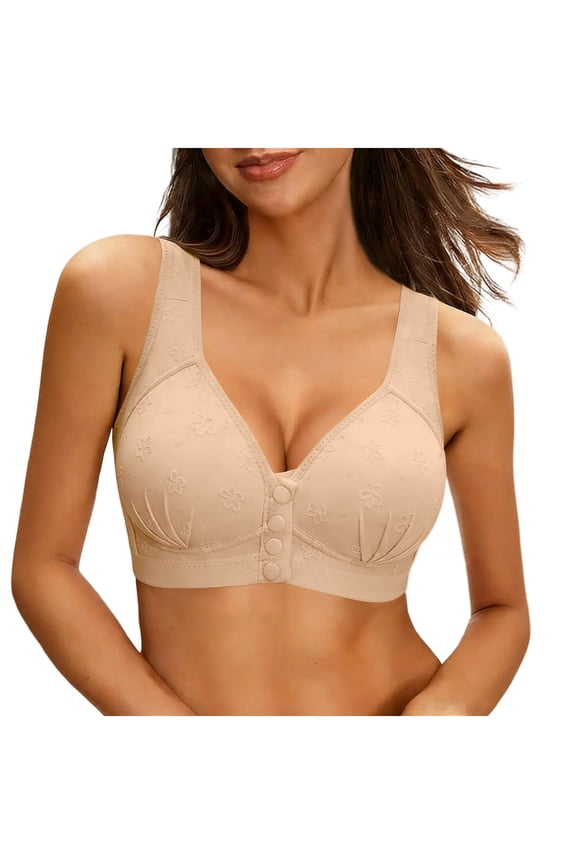 Womens Bras No Underwire Full Support Front Closure Plus Size Summer Comfortable Breathable Push Up Bra Supportive Full Coverage Wireless Everyday Seamless Bralettes Underwear Beige,L