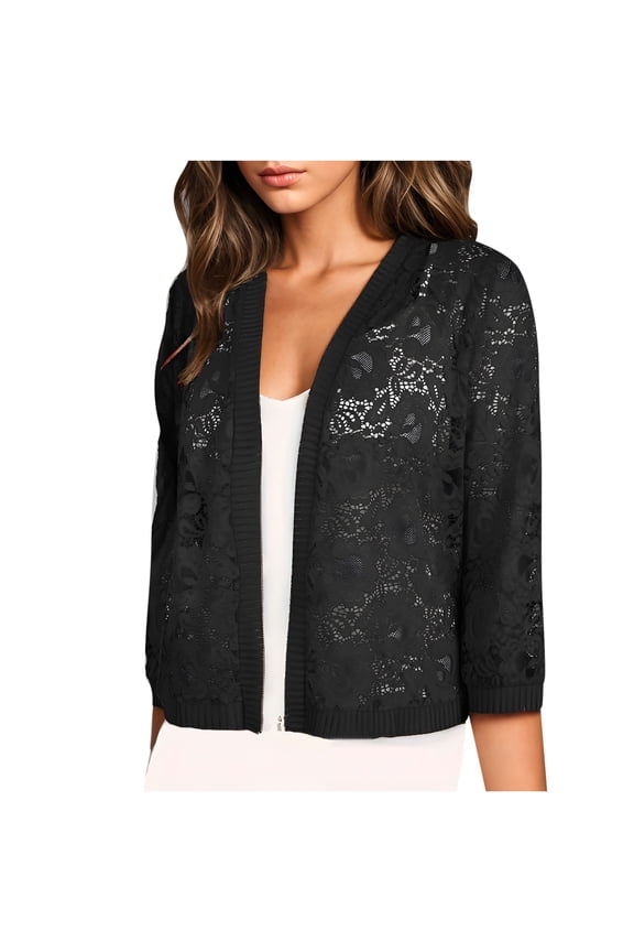 Womens Cardigan for Dresses Plus Size Dressy Casual Cropped Cardigans Lightweight Sheer Open Front Long Sleeve Lace Crochet Shrug Black,XXXXXXL