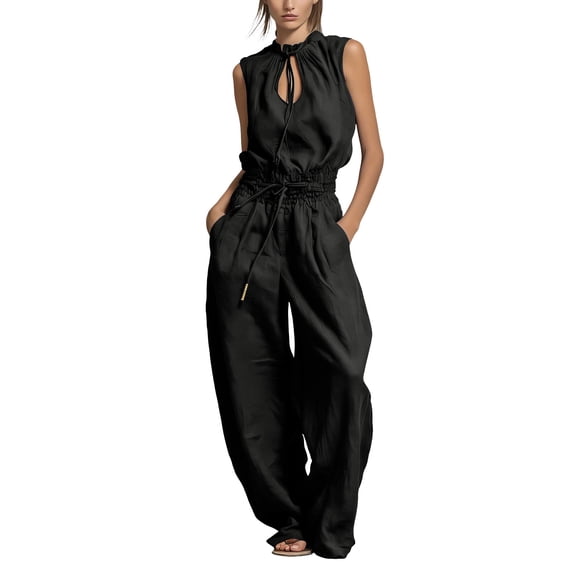 SZJXBUY Womens Casual Jumpsuit Plus Size Sleeveless Dressy Basic Jumpsuit Smocked High Waist Wide Leg Loose Fit Tie Front Romper with Pockets Black,XL