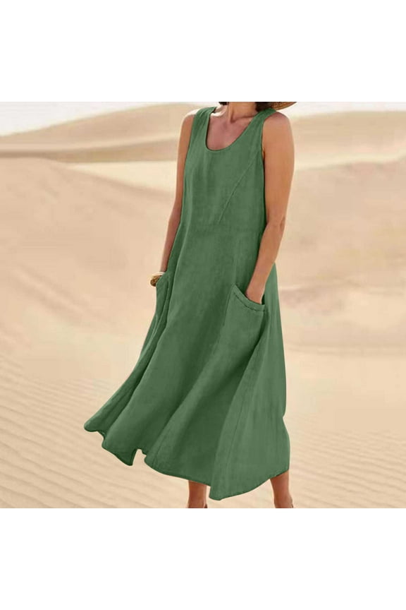 Womens Cotton Linen Maxi Dress Summer Casual Loose Fit Thin Summer Sleeveless U Neck Flowy Long Beach Tank Dresses with Pockets Green,S