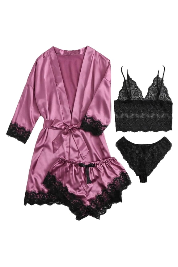 Womens Cute Pajama Set Soft Cooling Silk Pj Robes Set 4 Piece Cami Shorts Satin Sleepwear Lace Loungewear Nightwear Sets Purple,M