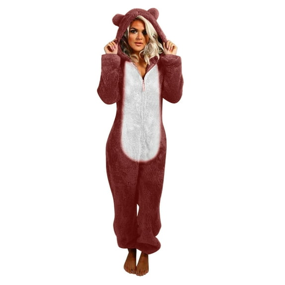 SZJXBUY Womens Fleece Onesies Pajamas Hooded Sherpa Fuzzy Pajama Zip Long Sleeve Sleepwear Loungewear Jumpsuit Rompers with Ears Wine,L