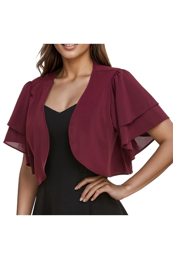 Womens Light Weight Cardigans for Summer Flowy Dressy Casual Ruffle Bolero Tops Short Sleeve Chiffon Shrugs Gauze Open Front Cropped Cardigan Wine,M