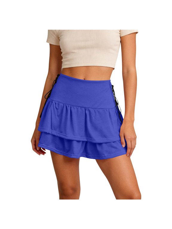 Womens Mini Skirts Going Out Ruffle High Waist Flowy Early Spring Skirts Vacation Casual Beach Boho Tiered Golf Skort Blue,M