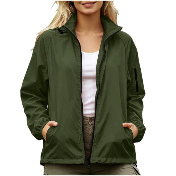 SZJXBUY Womens Rainproof Jacket Casual Waterproof Hooded Zip Up Raincoat Lightweight Windbreaker with Pockets for Outdoor Travel Hiking Army Green,XXL