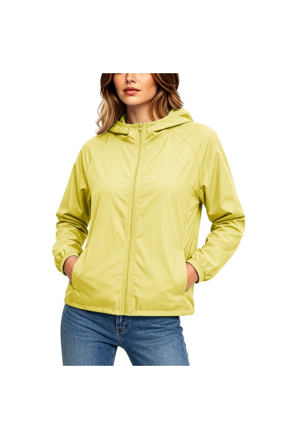 Womens Running Rain Jacket Plus Size Zip Up Hooded Running Raincoat Casual Long Sleeve Lightweight Waterproof Windbreaker with Pockets for Outdoor Yellow,M