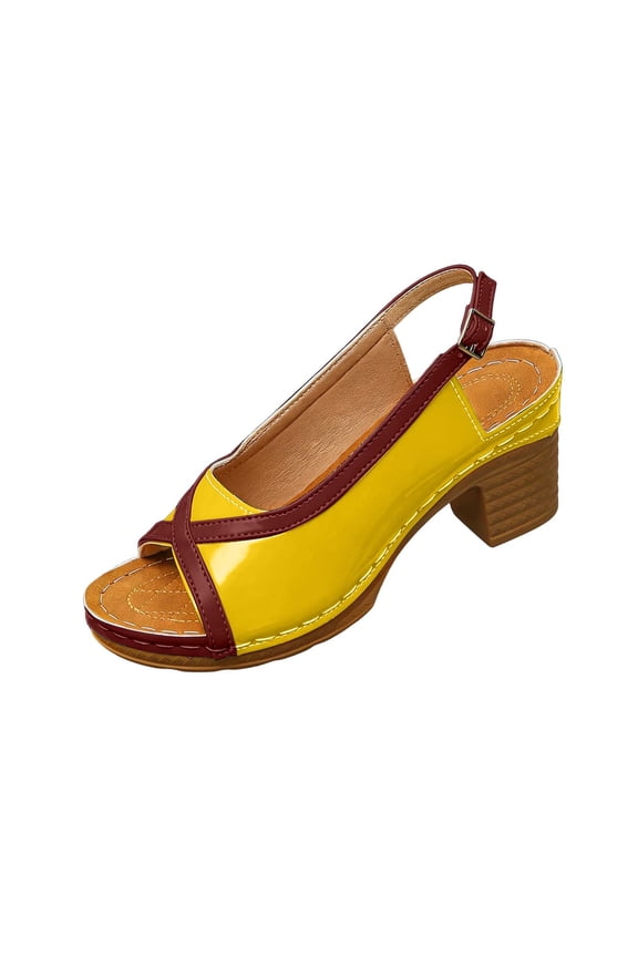 Womens Sandal Dressy,Summer Casual Platforms Leather Sandals Chunky Block Heels Open Toe Slip on Shinny Breathable Comfort Walking Vacation Shoes Yellow,36