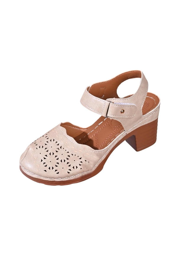 Womens Sandals Work,Summer Elegant Closed Round Toe Hollow Out Vamp Ankle Strap Buckle Low Block Chunky Heels Sandals Beige,43