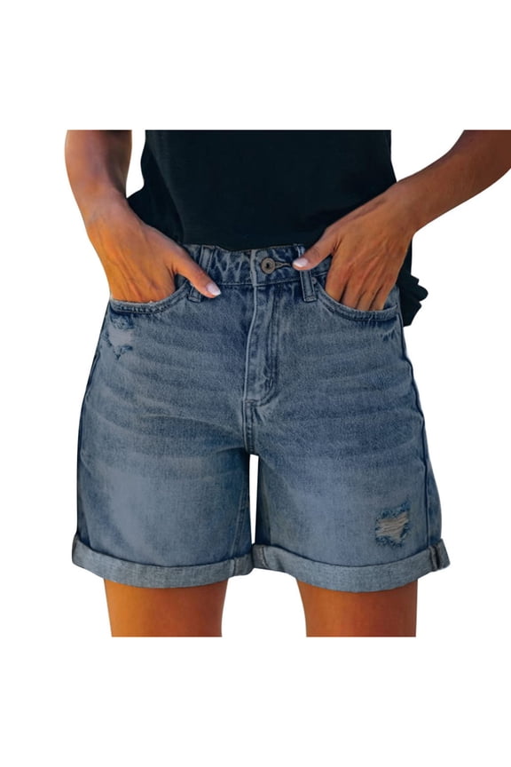 Womens Shorts Jeans Trendy Ripped Distressed Skinny Denim Pants with Pockets Blue,M