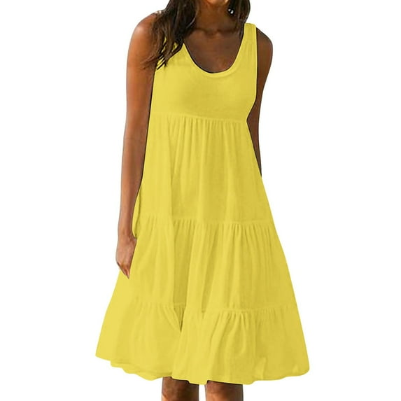 SZJXBUY Womens Sleeveless Beach Swing Dress Casual Scoop Neck Pleated Sundress for Women Summer Ruffle Tank Dresses Plus Size Yellow,XXL