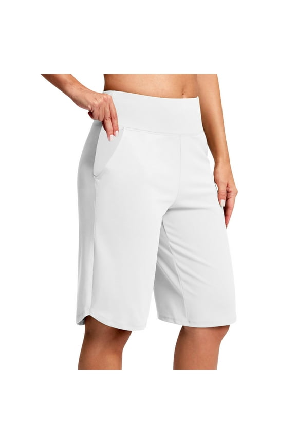 Womens Summer Bermuda Shorts Knee Length with Pockets High Waisted Shorts Lounge Walking Athletic Seamless Pants White,XL