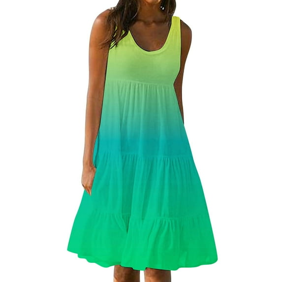 SZJXBUY Womens Summer Dress Vacation Loose Sleeveless Tie Dye Gradient Color Dresses Plus Size Casual Tiered Pleated Beach Sundress 2025 Green,S