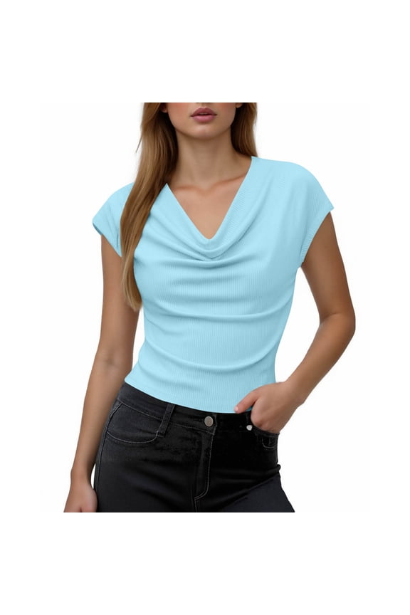 Womens Summer Knit Tops Soft Dressy Casual Cowl Neck Ribbed Tee Elegant Short Sleeve Fitted Shirt Office Wear Light Blue,XL