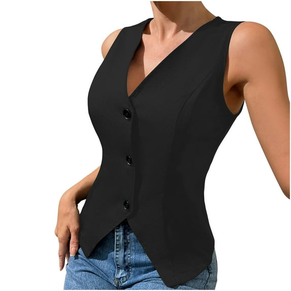 SZJXBUY Womens Tops Tank V Neck Sleeveless Button down Vests Work Casual Fitted Waistcoat Summer Dressy Tee Black,L
