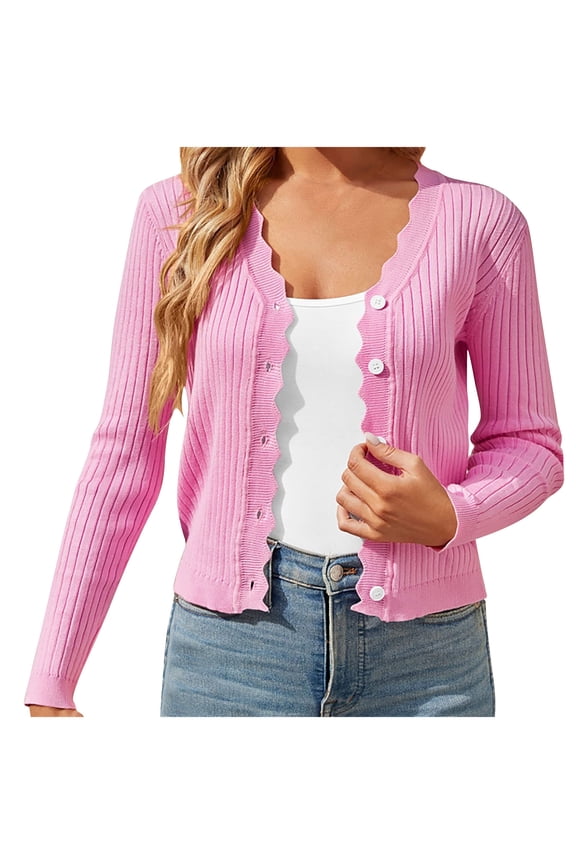 Womens Waterfall Cardigan Summer Casual V Neck Button Down Cropped Cardigans Soft Ribbed Knit Shrugs for Dresses Tops Hot Pink,S