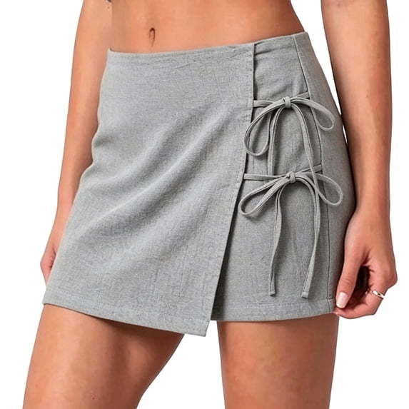 SZJXBUY Work Skorts for Women Plus Size Solid Wrap Front Linen Skort Casual Drawstring Knot Side Skirt with Shorts Gray,XXL