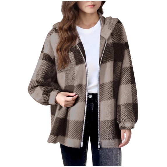 SZJXBUY Zip Up Hoodie for Kids Casual Preppy Fleece Plaid Hoodies Fall Winter Lightweight Long Sleeve Shacket Jacket Outerwear Brown,5-6 Years