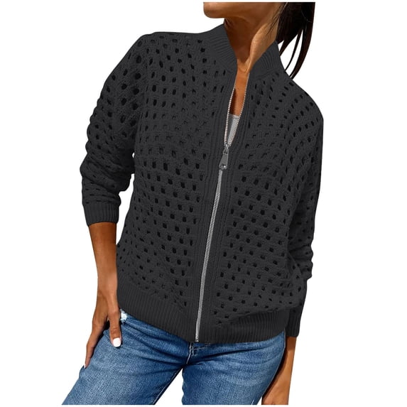 SZJXBUY Zip Up Jackets Women Plus Size Breathable Eyelet Knitted Bomber Jacket Casual Fall Fashion Hollow Out Crochet Outerwear Coats Black,XXL