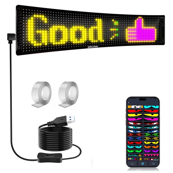 SZKUZMA 15x4 Inch Flexible LED Matrix Panel - 16x64 Pixel App Controlled Programmable Scrolling Text Display, USB Plug & Play Sign for Car Window & Storefront,