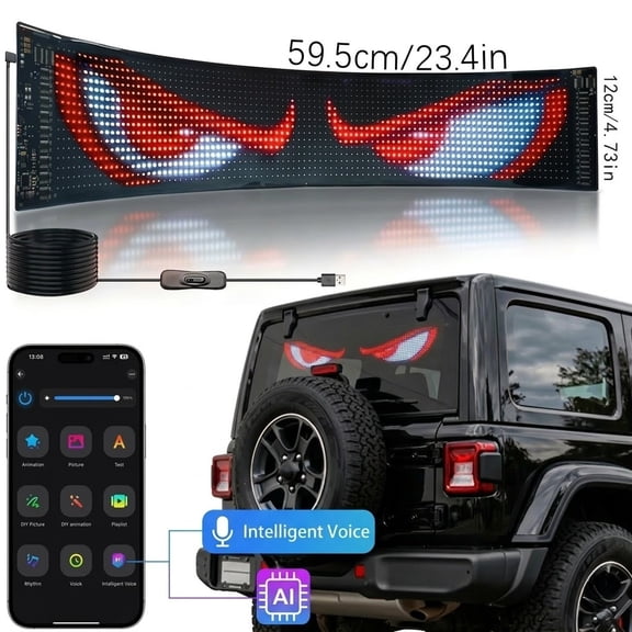 SZKUZMA AI Voice Controlled Flexible LED Matrix Panel, Programmable RGB Car Sign with App, DIY Scrolling Text for Devil Eyes & Storefronts, USB Powered