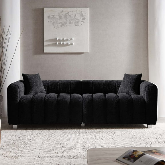 SZLIZCCC 87.4'' 3 Seater Velvet Sofa Loveseat ,Piano key sofa Modern Bubble Upholstered Couch with 2 Pillows and Metal Feet for Living Room Black
