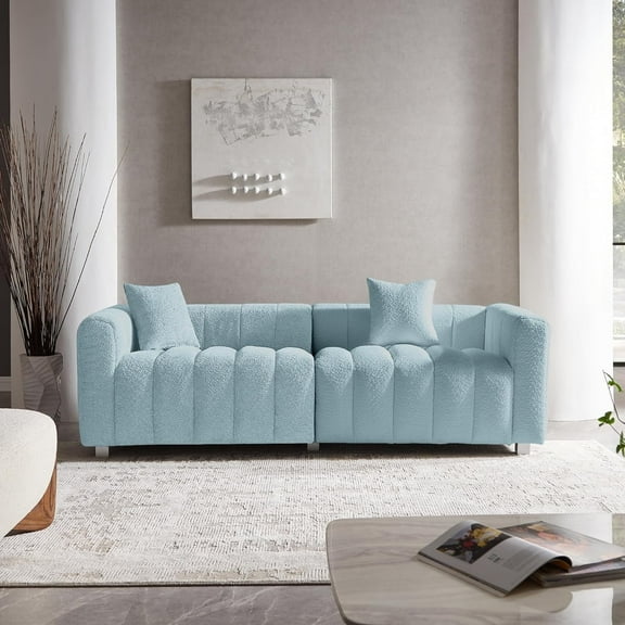 SZLIZCCC 87.4'' 3 Seater Velvet Sofa Loveseat , Piano key sofa Modern Bubble Upholstered Couch with 2 Pillows and Metal Feet for Living Room Blue
