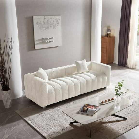 SZLIZCCC 87.4'' 3 Seater Velvet Sofa Loveseat , Piano key sofa Modern Bubble Upholstered Couch with 2 Pillows and Metal Feet for Living Room White