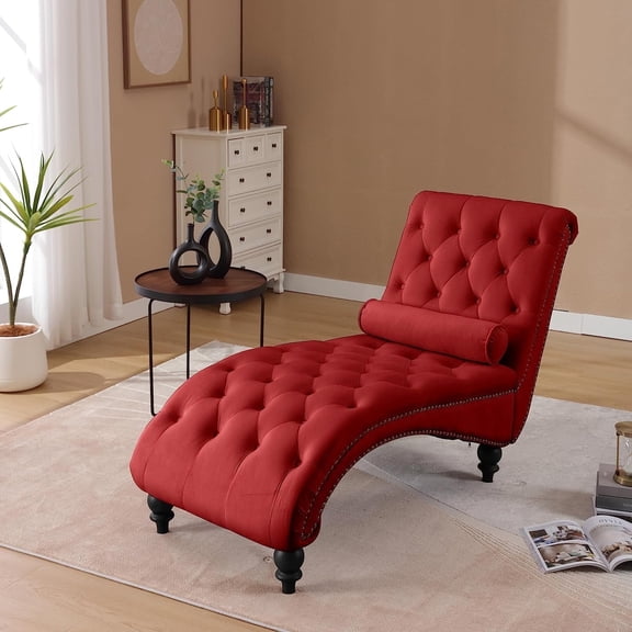 SZLIZCCC Button-Tufted Chaise Lounge Indoor, Velvet Chair Lounge Chair with Acrylic Legs & Toss Pillow, Armless Rolled Backrest Leisure Sofa Recliner, Upholstered Lounges Chair for Living Room
