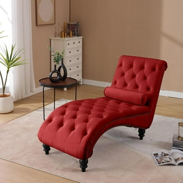 SZLIZCCC Button-Tufted Chaise Lounge Indoor, Velvet Chaise Lounge Chair with Acrylic Legs & Toss Pillow, Armless Rolled Backrest Leisure Sofa Recliner, Upholstered Lounges Chair for Living Room