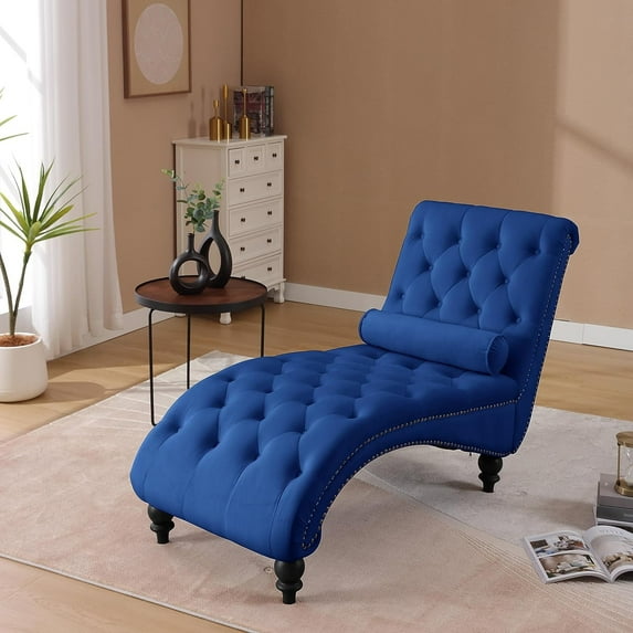 SZLIZCCC Button-Tufted Chaise Lounge Indoor, Velvet Chair Lounge Chair with Acrylic Legs & Toss Pillow, Armless Rolled Backrest Leisure Sofa Recliner, Upholstered Lounges Chair for Living Room
