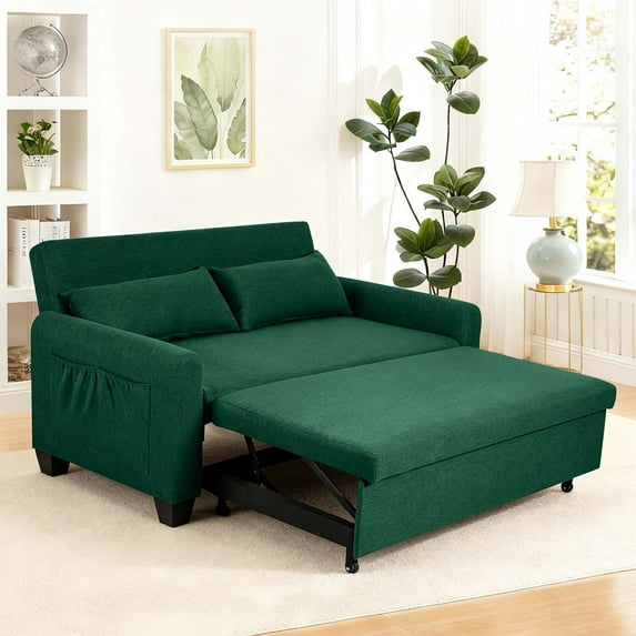 SZLIZCCC Convertible Velvet Sofa Bed with Storage, 3-in-1 Pull Out Couch Bed with Ergonomic Back & Side Pockets, High Density Foam Sleeper Sofa for Living Room Green