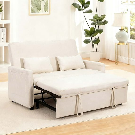 SZLIZCCC Convertible Velvet Sofa Bed with Storage, 3-in-1 Pull Out Couch Bed with Ergonomic Back & Side Pockets, High Density Foam Sleeper Sofa for Living Room Withe