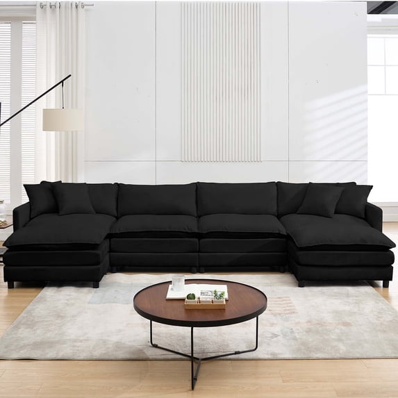 SZLIZCCC Modular Sectional Sofa with Movable Ottoman, L/U Shaped Chenille Fabric Couch with High - End Material,Flexible Combination for Living Room, Office, Apartment Black4+2