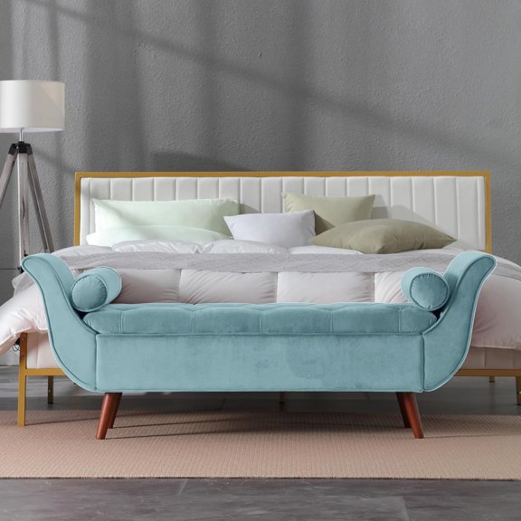 SZLIZCCC Storage Bed Bench for Bedroom, Velvet Upholstered Rolled Armed Button Tufted Sofa Stool Bench, Storage Ottoman Couch Long Bench with Solid Wood Legs Blue