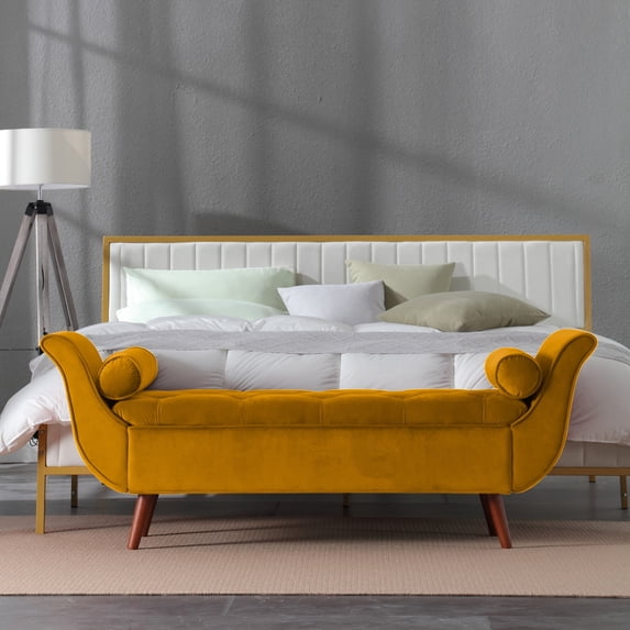 SZLIZCCC Storage Bed Bench for Bedroom, Velvet Upholstered Rolled Armed Button Tufted Sofa Stool Bench, Storage Ottoman Couch Long Bench with Solid Wood Legs Brown