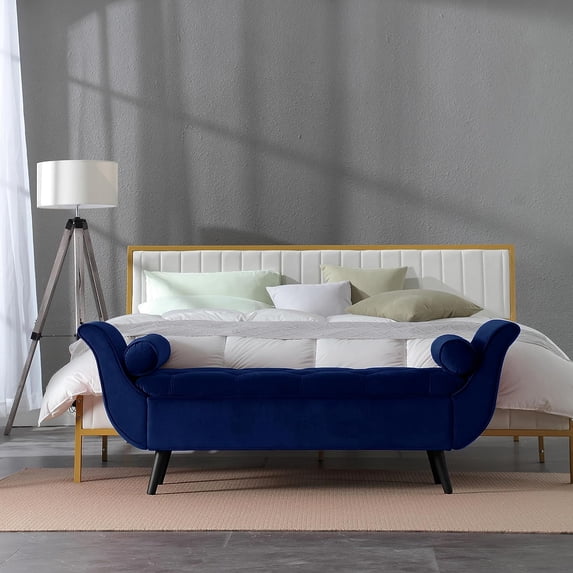 SZLIZCCC Storage Bed Bench for Bedroom , Velvet Upholstered Rolled Armed Button Tufted Sofa Stool Bench, Storage Ottoman Couch Long Bench with Solid Wood Legs Navy