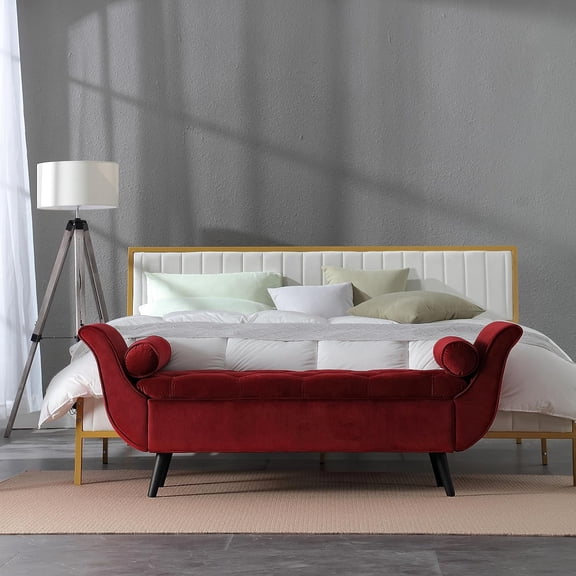 SZLIZCCC Storage Bed Bench for Bedroom, Velvet Upholstered Rolled Armed Button Tufted Sofa Stool Bench, Storage Ottoman Couch Long Bench with Solid Wood Legs Red