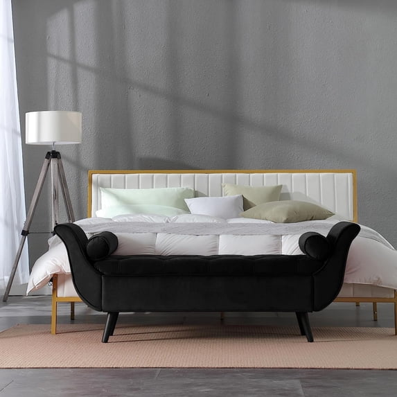 SZLIZCCC Storage Bed Bench for Bedroom, Velvet Upholstered Rolled Armed Button Tufted Bench Black