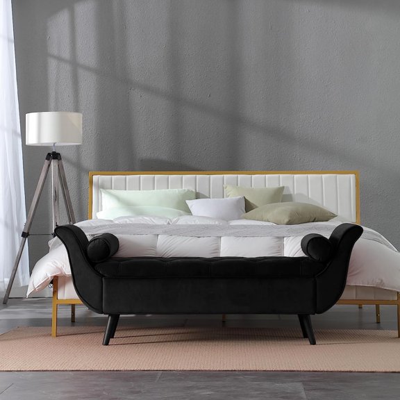 SZLIZCCC Storage Bed Bench for Bedroom, Velvet Upholstered Rolled Armed Button Tufted Bench Black