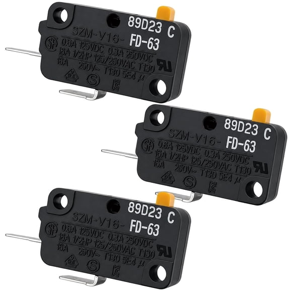 SZM-V16-FD-63 Microwave Oven Door Switch Replacement (3-Pack), 16A 125/250V 2-Pin Normally Open (NO) Micro Switch, Compatible with Samsung, , LG, Kenmore - Fixes Heating & Interlock Issues
